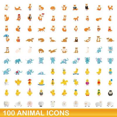 100 animal icons set, cartoon style