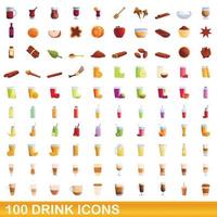 100 drink icons set, cartoon style vector