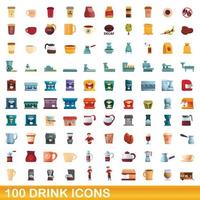 100 drink icons set, cartoon style vector