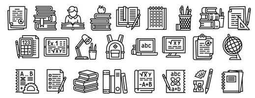 Homework icons set, outline style vector