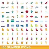 100 summer icons set, cartoon style vector