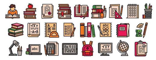 Homework icons set, outline style vector