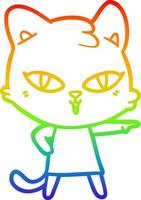 rainbow gradient line drawing cartoon cat in dress pointing vector