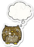 cute cartoon owl and thought bubble as a distressed worn sticker vector