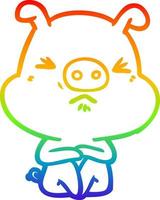 rainbow gradient line drawing cartoon angry pig sat waiting vector