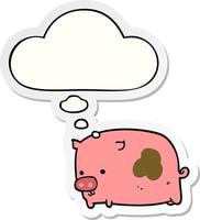 cartoon pig and thought bubble as a printed sticker vector