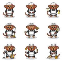 Vector illustration of cute Monkey with maid uniform. Animal character design. Monkey with cleaning equipment. Set of cute Monkey characters.