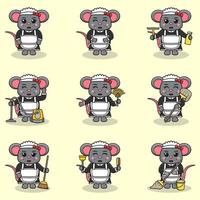 Vector illustration of cute Mouse with maid uniform. Animal character design. Mouse with cleaning equipment. Set of cute Mouse characters.