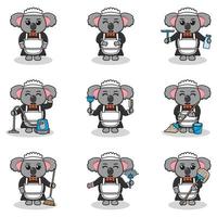 Vector illustration of cute Koala with maid uniform. Animal character design. Koala with cleaning equipment. Set of cute Koala characters.