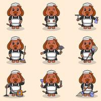Vector illustration of cute Dog with maid uniform. Animal character design. Dog with cleaning equipment. Set of cute Dog characters.