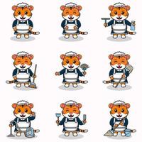 ilustración vectorial de tigre lindo con uniforme de sirvienta. diseño de personajes animales. tigre con equipo de limpieza. conjunto de lindos personajes de tigre. vector