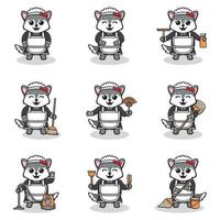 Vector illustration of cute Wolf with maid uniform. Animal character design. Wolf with cleaning equipment. Set of cute Wolf characters.