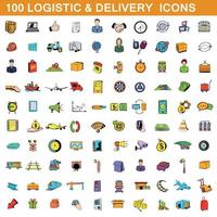 100 logistic and delivery icons set, cartoon style vector