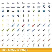 100 army icons set, cartoon style vector