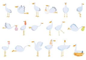 Stork icons set, cartoon style vector