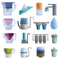Filter water icons set, cartoon style vector