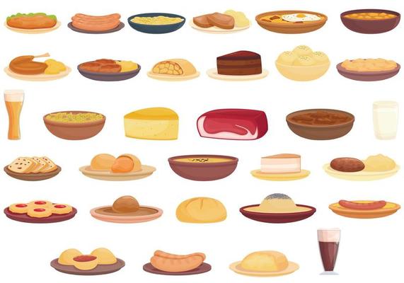 Austrian cuisine icons set cartoon vector. Strudel bakery