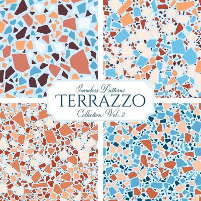 Terrazzo broken tile floor texture seamless pattern, vector abstract background with chaotic mosaic pieces, composed of natural stone, marble, glass and concrete imitations.