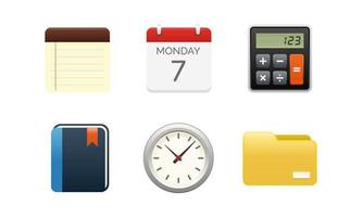 ilustración vectorial del elemento de la oficina comercial, como nota, calendario, calculadora, reloj y carpeta. adecuado para el icono de artículo estacionario de oficina.