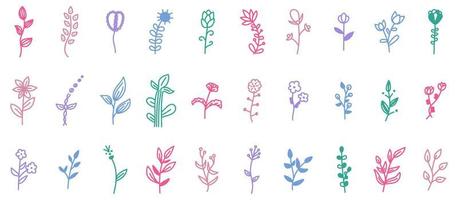 Set of doodle colored pink, purple, blue flowers and branches with leaves decorative elements. Floral, botanical vector illustration design, isolated hand drawn elements.