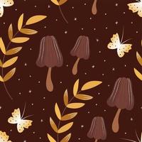 Autumn seamless pattern with mushrooms, butterflies and leaves. Vector cozy background for fabric, paper, textile. Botanical, forest print design.