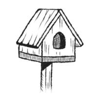 Hand drawn birdhouse. Vector isolated illustration of a wooden birdhouse for the garden.