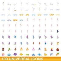 100 universal icons set, cartoon style vector