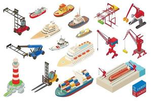 Marine port icons set, isometric style vector