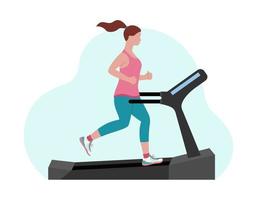 Girl running on treadmill. Young woman jogging on fitness equipment. Endurance cardio run training. Flat vector illustration