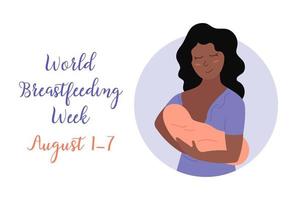 feliz día de la madre tarjeta de felicitación de vacaciones. linda mujer afroamericana sonriente sosteniendo a un bebé recién nacido. mamá y niño pequeño. ilustración plana vectorial para el día de la madre vector