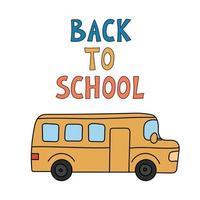 School bus doodle isolated. Hand drawn text Back to school. Outline vector illustration