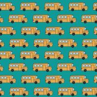 School buses pattern. Hand drawn doodle elements. School seamless green background with funny yellow bus. Vector illustration