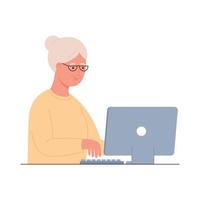 Old woman working on laptop computer. vector