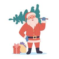 Vector Merry Christmas card with Santa Claus holding a tree and gifts.