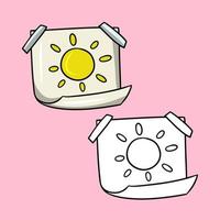 A set of a picture, a sheet of paper with a painted sun, a drawing attached with tape, a vector illustration in cartoon style on a colored background