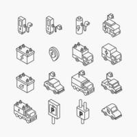 electric vehicle logo isometric flat line icons set. EV ECO clean energy technology icon. simple design vector