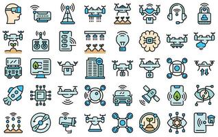 Drone technology icons set line color vector