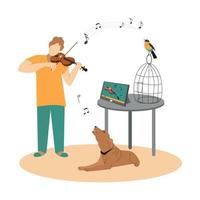 Man learns online music on violin at home vector