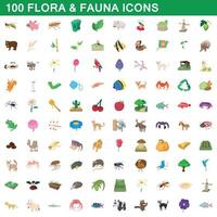100 iconos de flora y fauna, estilo de dibujos animados vector