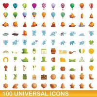 100 universal icons set, cartoon style vector