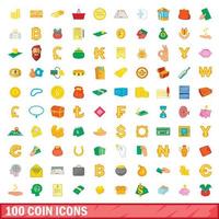 100 coin icons set, cartoon style