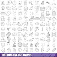 100 iconos de desayuno, estilo de esquema vector