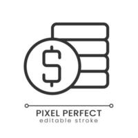 Coins stack and dollar symbol pixel perfect linear icon. Savings and earnings. Money management. Thin line illustration. Contour symbol. Vector outline drawing. Editable stroke