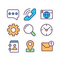 conjunto de iconos de color rgb perfectos de píxeles de comunicación empresarial. organización del flujo de trabajo. tecnología moderna. ilustraciones vectoriales aisladas. colección de dibujos de líneas llenas simples. trazo editable