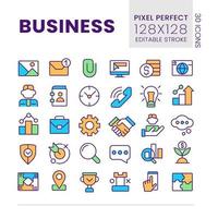 Business pixel perfect RGB color icons set. Commerce and finance. Digitalization. Isolated vector illustrations. Simple filled line drawings collection. Editable stroke