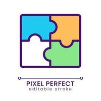 Jigsaw puzzle pieces pixel perfect RGB color icon. Business cooperation. Teamwork in company. Isolated vector illustration. Simple filled line drawing. Editable stroke