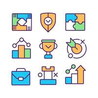 Business development and cooperation pixel perfect RGB color icons set. Corporate goals and achievements. Isolated vector illustrations. Simple filled line drawings collection. Editable stroke