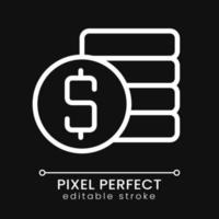 Coins stack and dollar symbol pixel perfect white linear icon for dark theme. Savings. Money management. Thin line illustration. Isolated symbol for night mode. Editable stroke vector