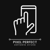 Mobile phone using pixel perfect white linear icon for dark theme. Communication technology. App interface. Thin line illustration. Isolated symbol for night mode. Editable stroke vector