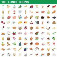 100 iconos de almuerzo, estilo de dibujos animados vector